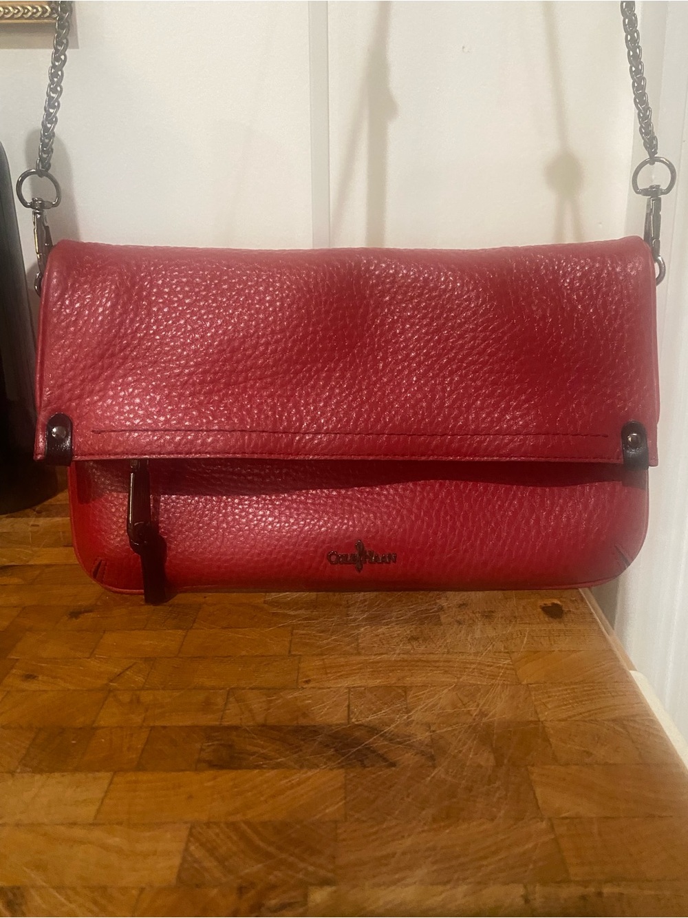 Cole Haan Red Pebbled Leather Crossbody with Chain Strap